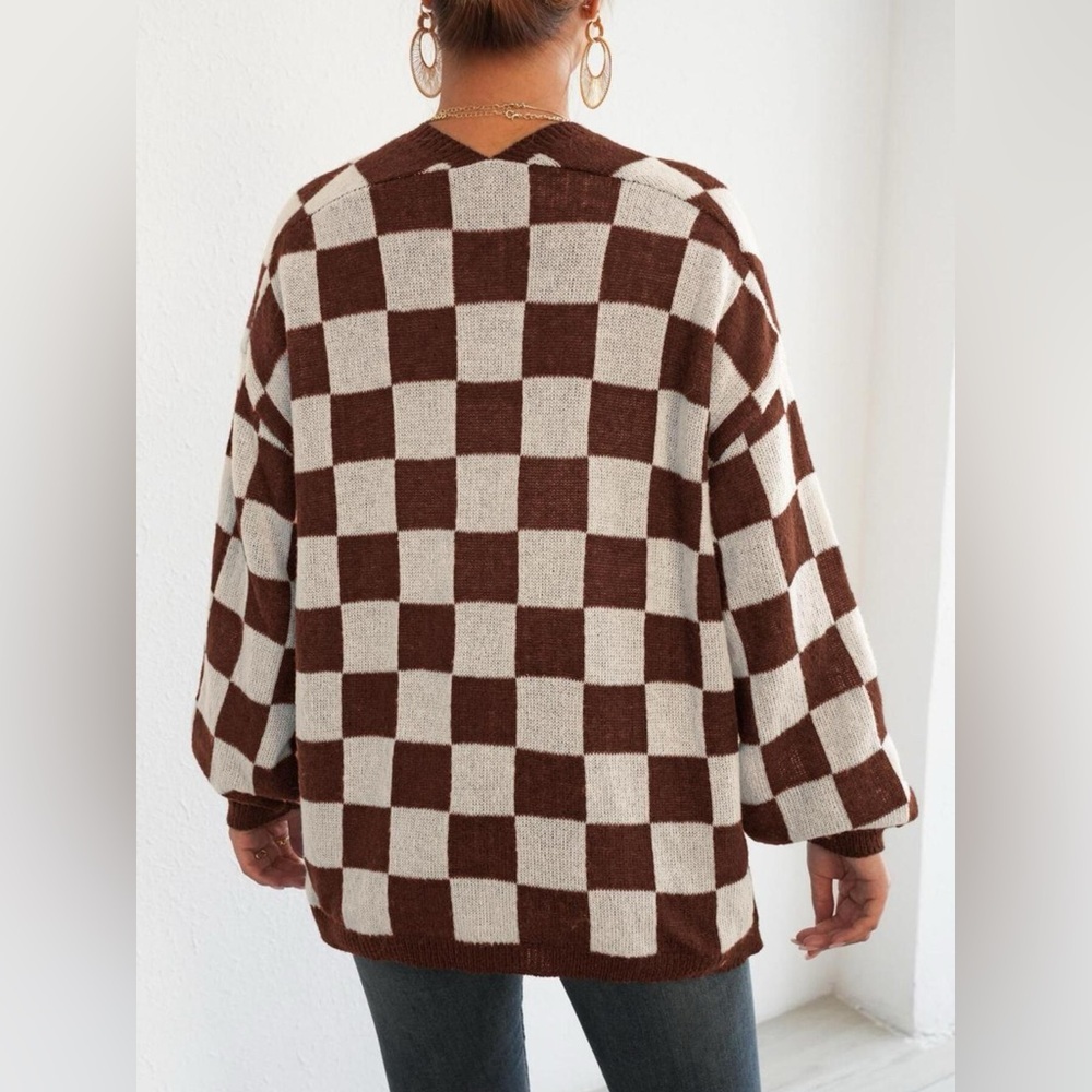 Checkerboard Pattern Open Front Knit Cardigan - Picture 5 of 10